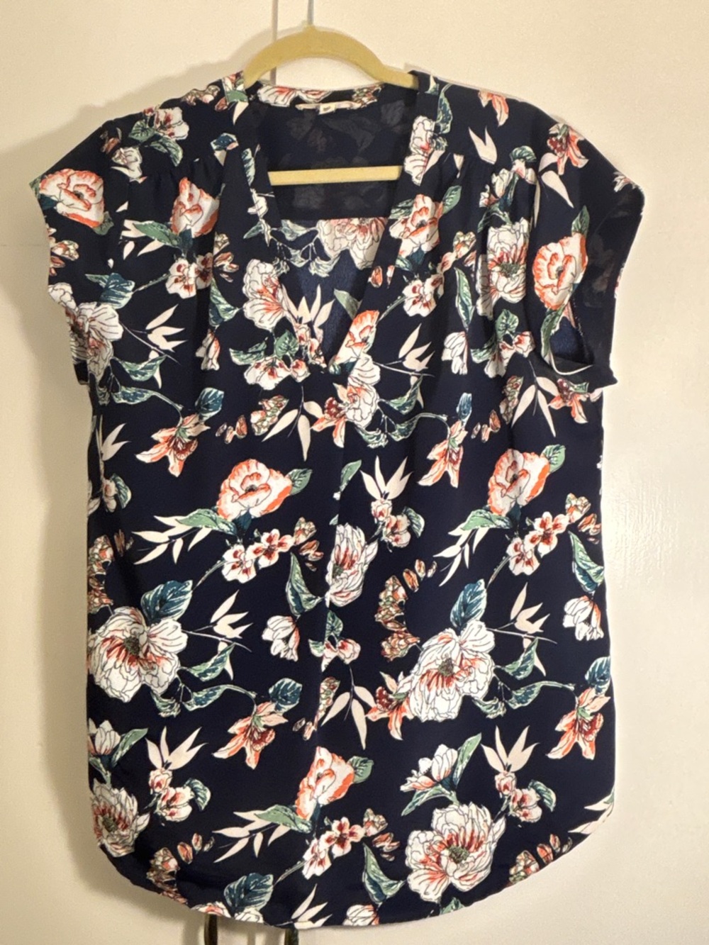 fun 2 fun Navy Floral Cap Sleeve Blouse with Coral & Green Accents
